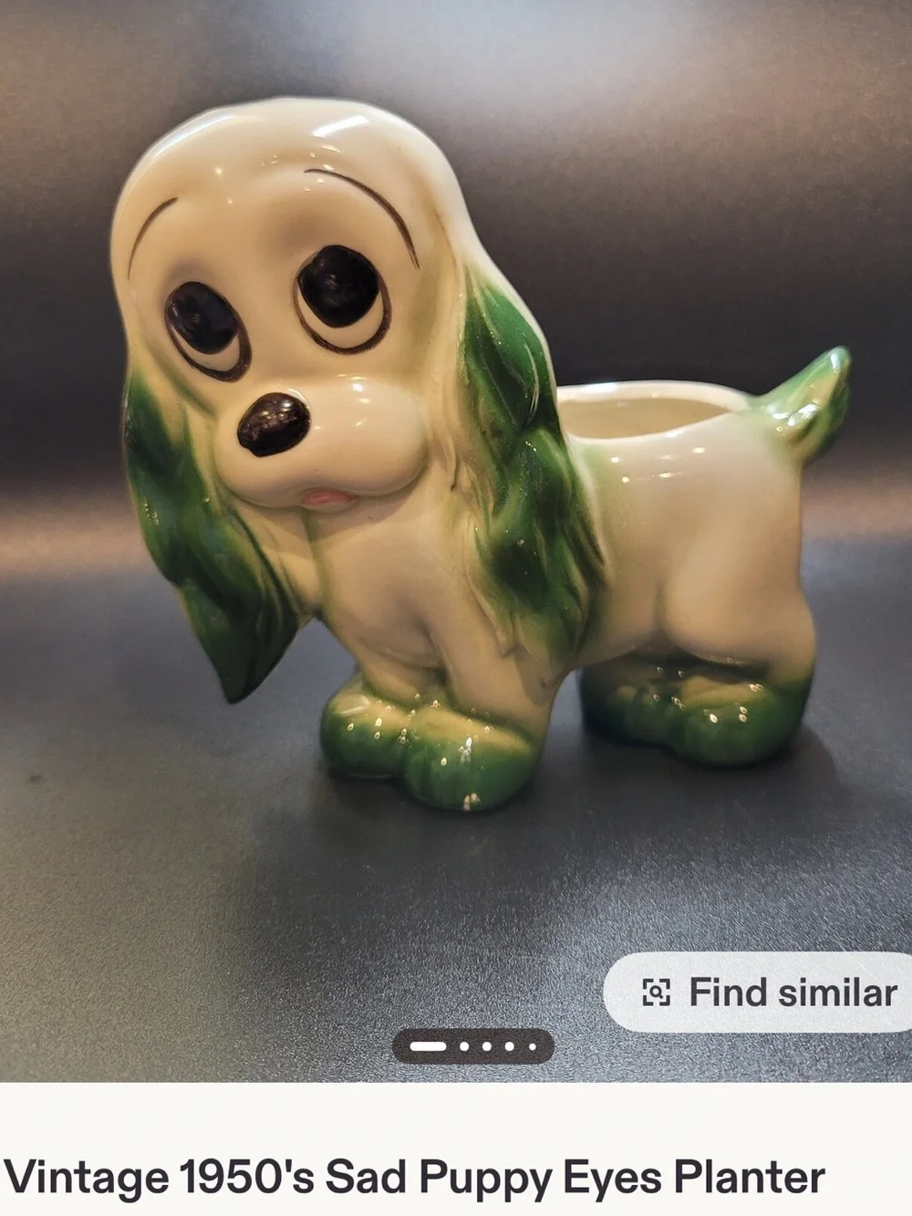 1950s vintage Ceramic Dog Planter - White and Green Decorative Pet Figurine